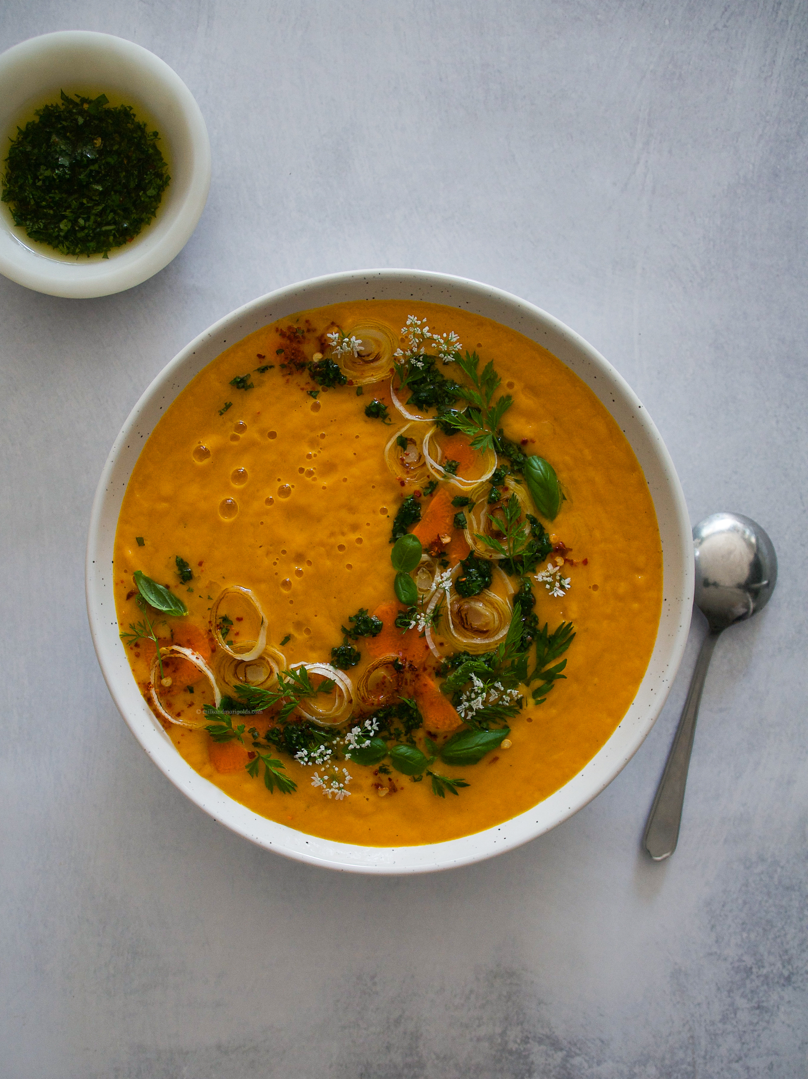 carrot soup with carrot top pesto